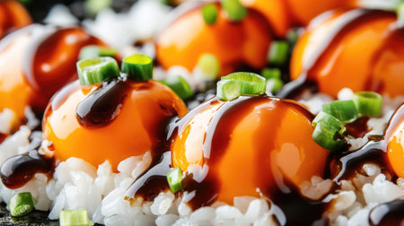 Indulge in this vibrant sushi dish featuring glossy egg yolks and fresh green onion, perfect for food lovers and culinary enthusiasts.の素材