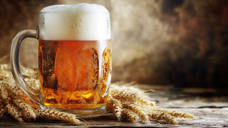 A closeup of a cold beer glass filled with amber liquid and foam, set against a rustic wooden table with wheat. Perfect for showcasing refreshment and relaxation.の素材