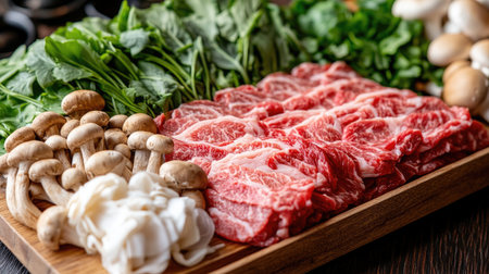 A vibrant assortment of fresh meat, mushrooms, and greens arranged on a wooden platter, perfect for meal preparation or culinary inspiration. Ideal for cooking enthusiasts.の素材