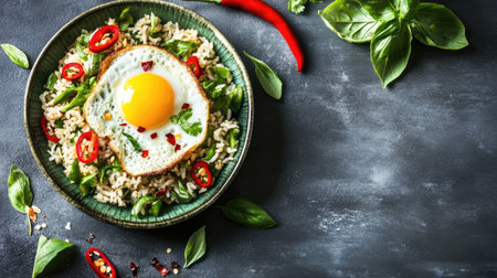A vibrant bowl of rice topped with a sunny-side-up egg, fresh herbs, and red chili slices. This dish offers a delightful mix of flavors and colors.の素材