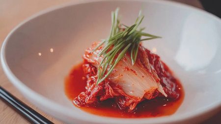 A vibrant dish of fresh kimchi topped with green onions, perfect for adding a spicy kick to meals. Ideal for showcasing Korean culinary traditions.の素材