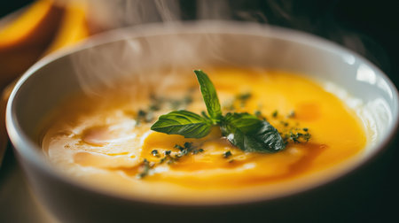 A delightful bowl of creamy scrambled eggs garnished with fresh basil, creating a warm and inviting atmosphere. Perfect for breakfast or brunch.の素材