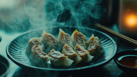 A close-up view of steaming dumplings served on a plate, surrounded by a warm atmosphere. Perfect for culinary and food photography concepts.の素材