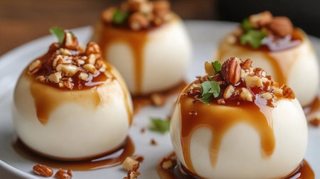 A delectable creamy dessert topped with rich caramel and crunchy nuts, beautifully presented on a plate, perfect for gourmet lovers and special occasions.の素材