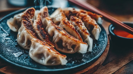 A plate of steaming, crispy pan-fried dumplings served with spicy sauce. Perfect for capturing the essence of Asian cuisine and culinary delights.の素材
