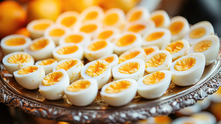 A beautiful display of sliced boiled eggs arranged elegantly on a silver platter, perfect for appetizers or festive gatherings. Ideal for culinary inspiration.の素材