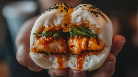 A closeup of a delicious steamed bun filled with savory ingredients and drizzled with sauce. The vibrant colors and textures make it an enticing snack.の素材