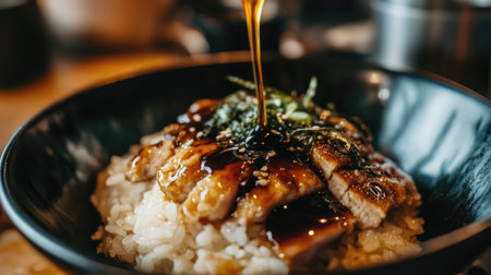 A tempting bowl featuring tender meat drizzled with rich sauce, served over soft rice, perfect for a cozy dinner or gourmet meal experience.の素材