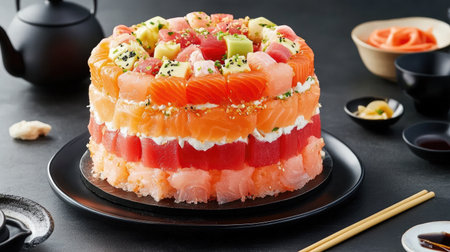Enjoy a stunning layered sushi cake, featuring fresh seafood, vibrant colors, and artistic presentation, perfect for celebrations and gatherings.の素材