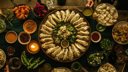 A vibrant table filled with an array of dumplings and colorful side dishes, showcasing a rich culinary experience perfect for gatherings and celebrations.の素材