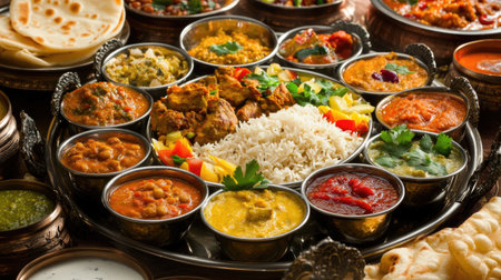 A vibrant assortment of Indian dishes served on a decorative platter, showcasing rich colors and flavors perfect for any festive occasion or gathering.の素材