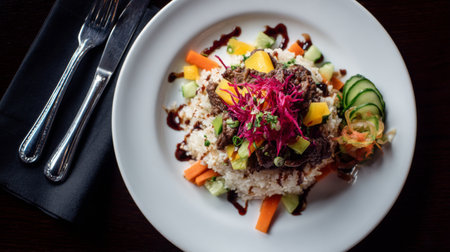 A beautifully plated beef dish served with fresh vegetables and rice, garnished with vibrant sauce, perfect for showcasing culinary artistry and flavor in dining.の素材