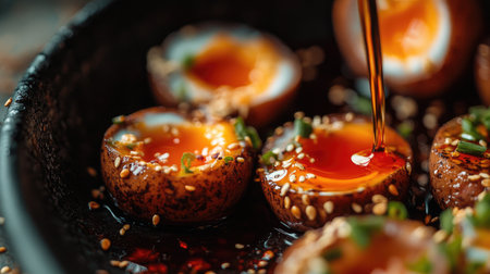 Close-up of beautifully plated eggs drizzled with savory soy sauce and topped with sesame seeds, showcasing vibrant colors and rich textures.の素材