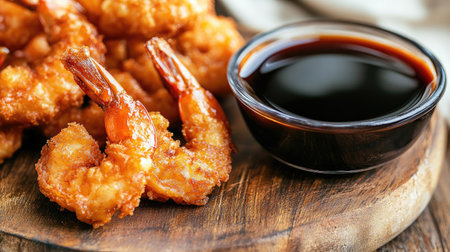 Enjoy a tempting dish of crispy fried shrimp served with a rich dipping sauce on a rustic wooden board, perfect for appetizers and parties.の素材