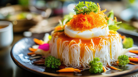 A vibrant and artistic presentation of noodles topped with a soft egg and a drizzle of savory sauce. Ideal for culinary and food photography.の素材