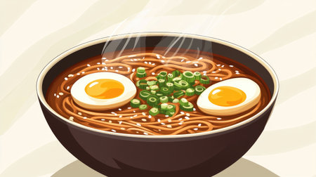 A warm bowl of delicious noodles topped with soft eggs and green onions. Perfect for any meal, this soup captures the essence of comfort food.の素材
