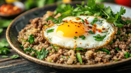A hearty dish featuring rice topped with a perfectly cooked egg, sprinkled with herbs and spices, ideal for any meal of the day.の素材