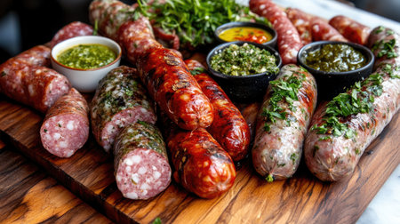 A vibrant assortment of sausages garnished with fresh herbs, accompanied by a selection of spicy sauces on a wooden platter, perfect for barbecues.の素材