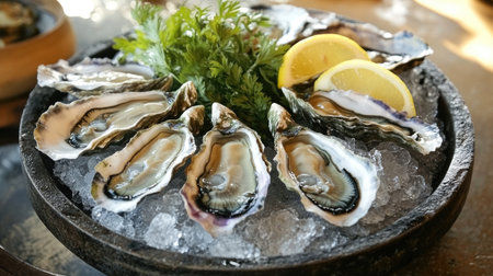 A beautiful arrangement of fresh oysters served on ice, garnished with lemon slices and greens, perfect for seafood lovers and dining experiences.の素材