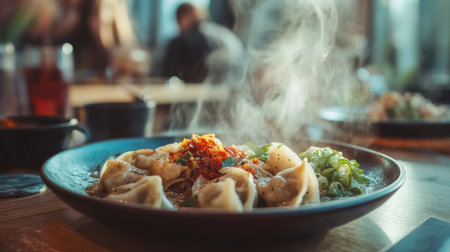 A steaming plate of dumplings garnished with herbs and spices, showcasing a delicious Asian cuisine experience perfect for any dining occasion.の素材