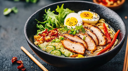 A vibrant bowl of ramen featuring tender chicken, soft-boiled egg, fresh vegetables, and aromatic herbs, perfect for a delightful culinary experience.の素材
