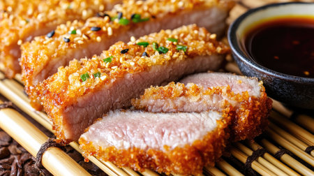 Succulent crispy pork cutlet served with a rich dipping sauce. This mouthwatering dish features a golden crust and tender interior, perfect for any meal.の素材