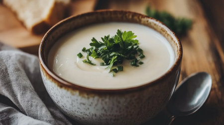 A rustic bowl of creamy soup garnished with fresh herbs like parsley and chives, beautifully presented on a wooden table, ideal for a cozy meal.の素材