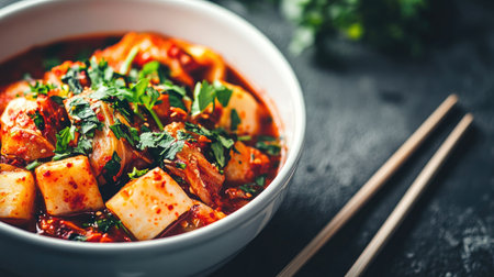 A vibrant bowl of spicy tofu garnished with fresh herbs, showcasing a delicious Asian meal. Perfect for food lovers and culinary enthusiasts.の素材