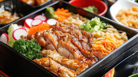 A vibrant bento box featuring grilled meat and fresh vegetables. Perfect for showcasing Asian cuisine, this meal combines flavors and textures beautifully.の素材