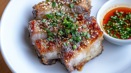 A close-up view of crispy pork belly garnished with fresh herbs and sesame seeds, served with a rich dipping sauce, perfect for culinary enthusiasts.の素材