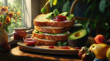A vibrant arrangement featuring multi-layered toast topped with fresh avocado, cucumbers, and preserves, set against a sunlit kitchen background, perfect for breakfast inspiration.の素材