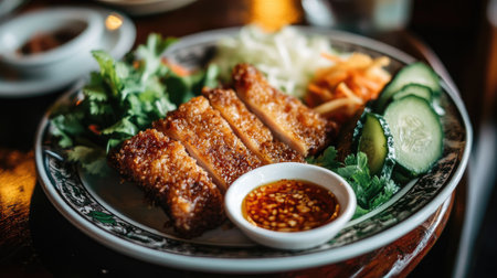A vibrant plate featuring crispy fried dish accompanied by fresh vegetables, herbs, and a flavorful dipping sauce, perfect for a savory meal.の素材