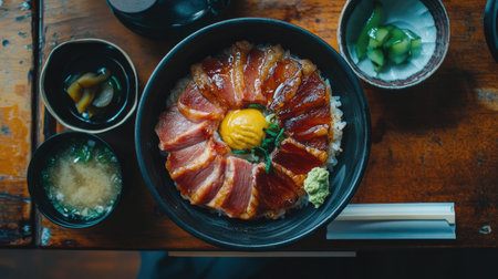 A vibrant sashimi rice bowl featuring fresh slices of fish, egg yolk, and garnishes, served with miso soup and pickles. Perfect for food lovers!の素材