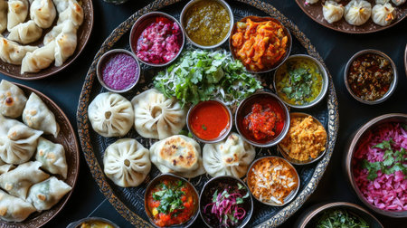 An exquisite assortment of dumplings accompanied by vibrant sauces and fresh herbs, showcasing diverse culinary traditions and flavors perfect for sharing.の素材