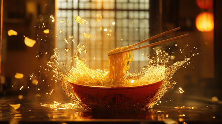 A vibrant bowl of noodles splashes in broth, captured in stunning detail. Perfect for food, cooking, and dining themes highlighting culinary delights.の素材