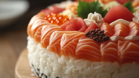A vibrant sushi platter featuring fresh salmon, seafood, and garnishes, perfect for showcasing culinary artistry and delightful food presentation.の素材
