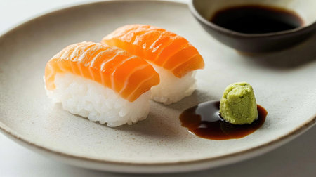A close-up view of fresh salmon sushi served with wasabi and soy sauce on a minimalist plate. Perfect for food lovers and culinary enthusiasts.の素材
