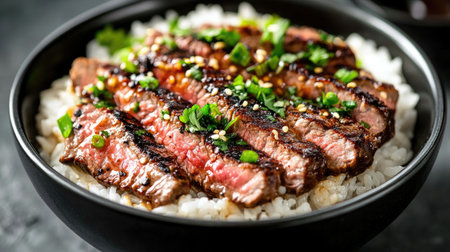 A tantalizing bowl of grilled steak served over white rice, garnished with fresh herbs and sesame seeds. Perfect for food lovers and culinary enthusiasts.の素材