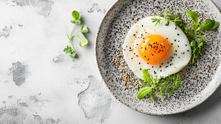 A vibrant egg served on a textured plate, garnished with fresh greens and seeds. This dish symbolizes healthy eating and culinary creativity.の素材