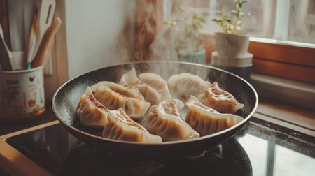 A close-up of dumplings sizzling in a frying pan, releasing steam. Captured in a cozy kitchen setting, this image highlights the culinary process and delightful aroma.の素材