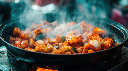 A vibrant close-up of sizzling kimchi stir fry, showcasing aromatic steam and colorful ingredients in a pan. Perfect for culinary enthusiasts and food lovers.の素材