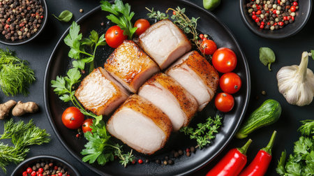 Succulent slices of roasted pork served with fresh herbs, cherry tomatoes, and vibrant spices create a delicious and visually appealing dish perfect for any meal.の素材