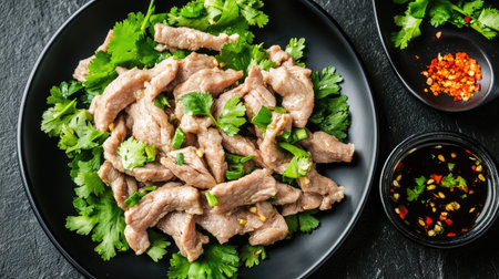 A vibrant meat dish garnished with fresh herbs, showcasing culinary creativity. Ideal for food photography, recipes, or restaurant menus.の素材