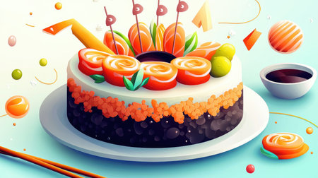 A vibrant and artistic sushi cake featuring colorful sushi rolls, fresh veggies, and a side of dipping sauce. Perfect for celebrations and food lovers.の素材