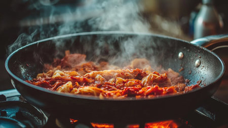 A flavorful kimchi dish cooking in a pan, steam rising as it simmers. Perfect for showcasing culinary skills and Korean cuisine in action.の素材
