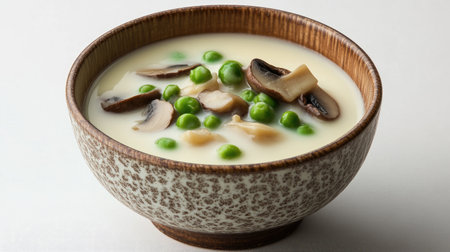 A delicious creamy soup featuring fresh mushrooms and peas served in a rustic bowl, perfect for a cozy meal or light dining option.の素材