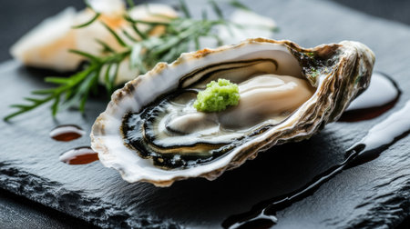 An exquisite fresh oyster presented on a slate plate, garnished with wasabi and accompanied by sauce, perfect for gourmet dining or food photography.の素材