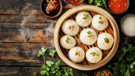 A delicious arrangement of steamed dumplings in a bamboo basket, garnished with herbs, served with various dips and sauces on a rustic wooden table.の素材