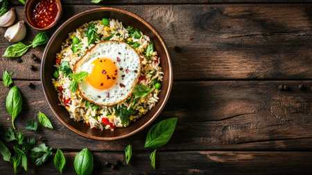 Delight in a vibrant rice dish topped with a perfectly fried egg, surrounded by fresh herbs and spices, ideal for breakfast or any meal.の素材