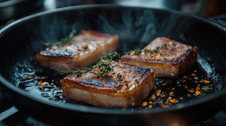 Juicy pork belly cooks in a pan, releasing savory aromas and creating a perfect crispy texture. Ideal for gourmet dishes and culinary inspiration.の素材